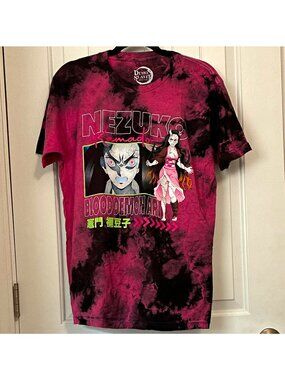 Demon Slayer Nezuko Kamado Blood Demon Art Tie-Dye Tee Pink/Black M chest 42”
